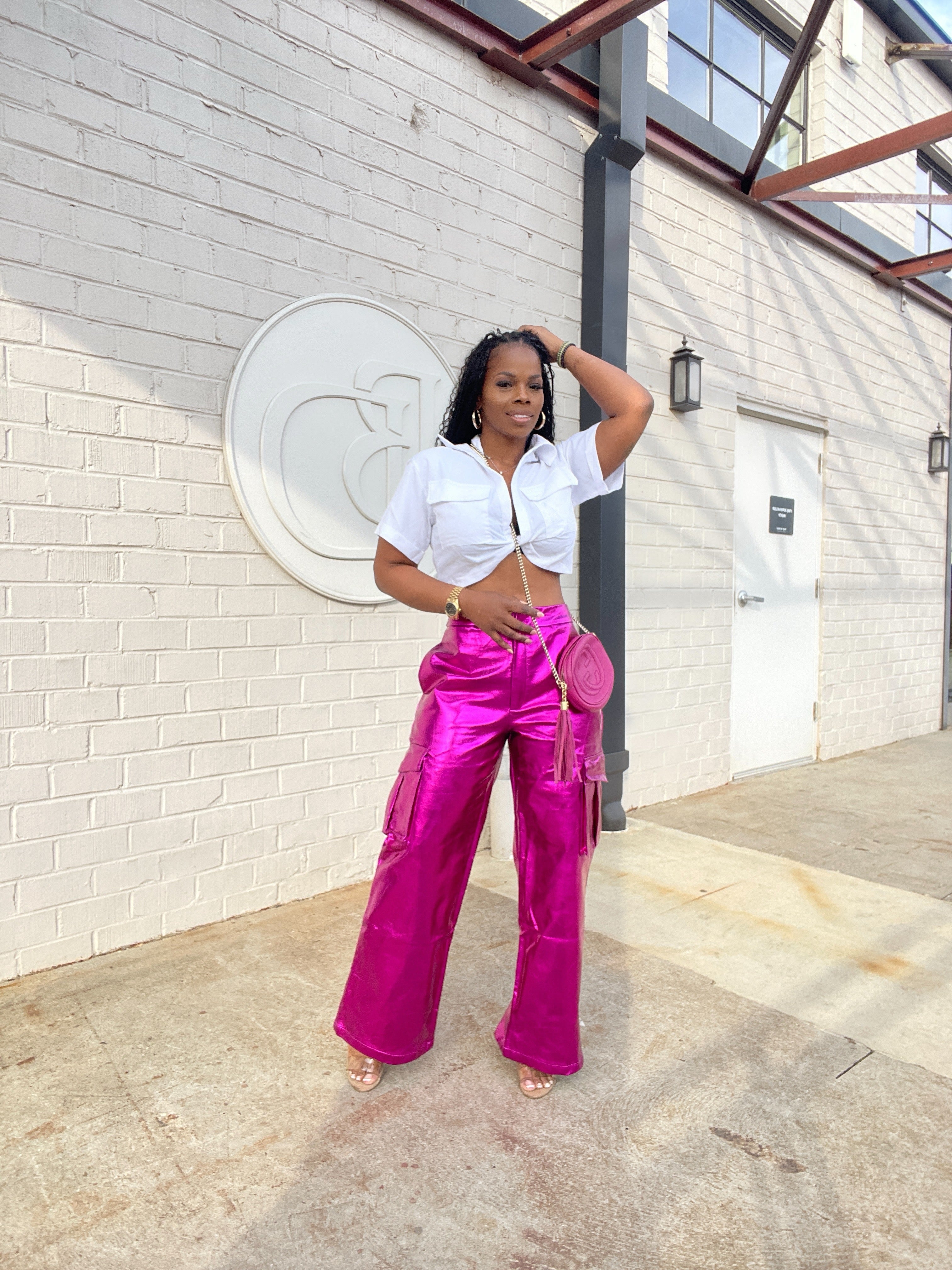 Metallic Leather Cargo Pants