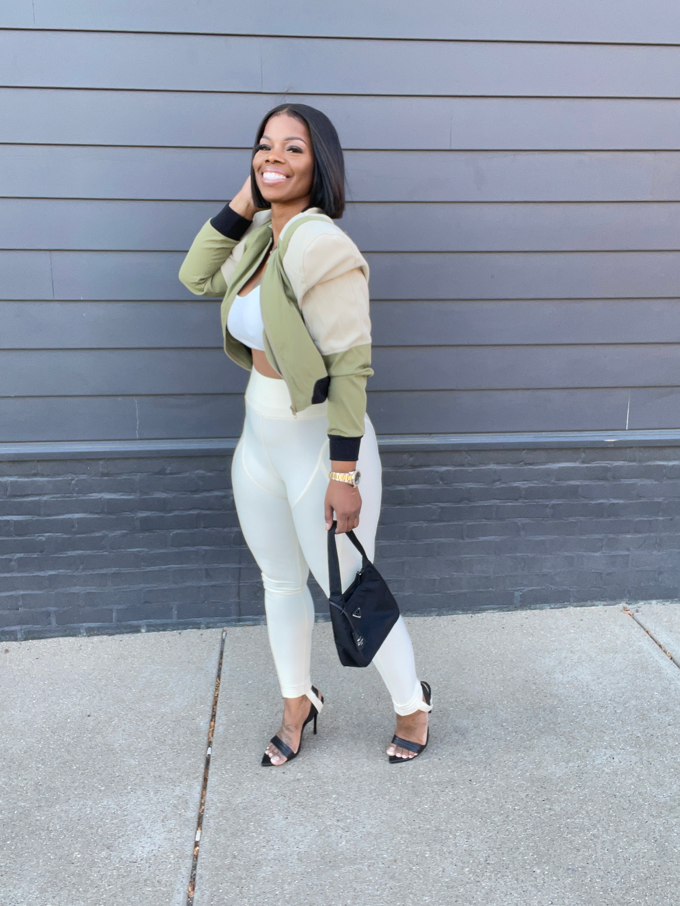 Olive Color blocked Puff Sleeve jacket